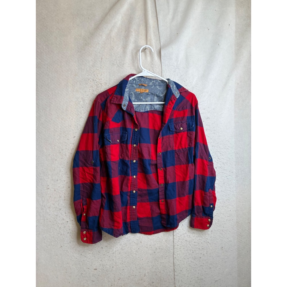 Jachs Girlfriend Red Navy Buffalo Plaid Flannel Shirt Paisley Trim Small